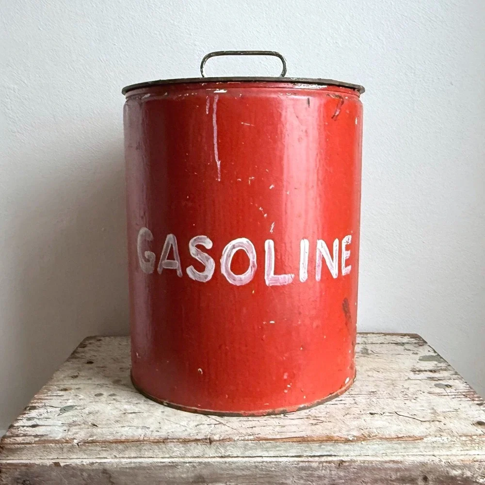Vintage Red Metal Gasoline Can Rustic Industrial Storage Decor